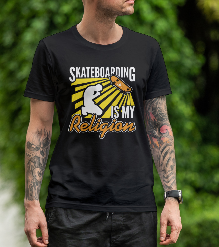 Skateboarding Is My Religion Kneeling Silhouette With Skateboard And Sunburst T-Shirt