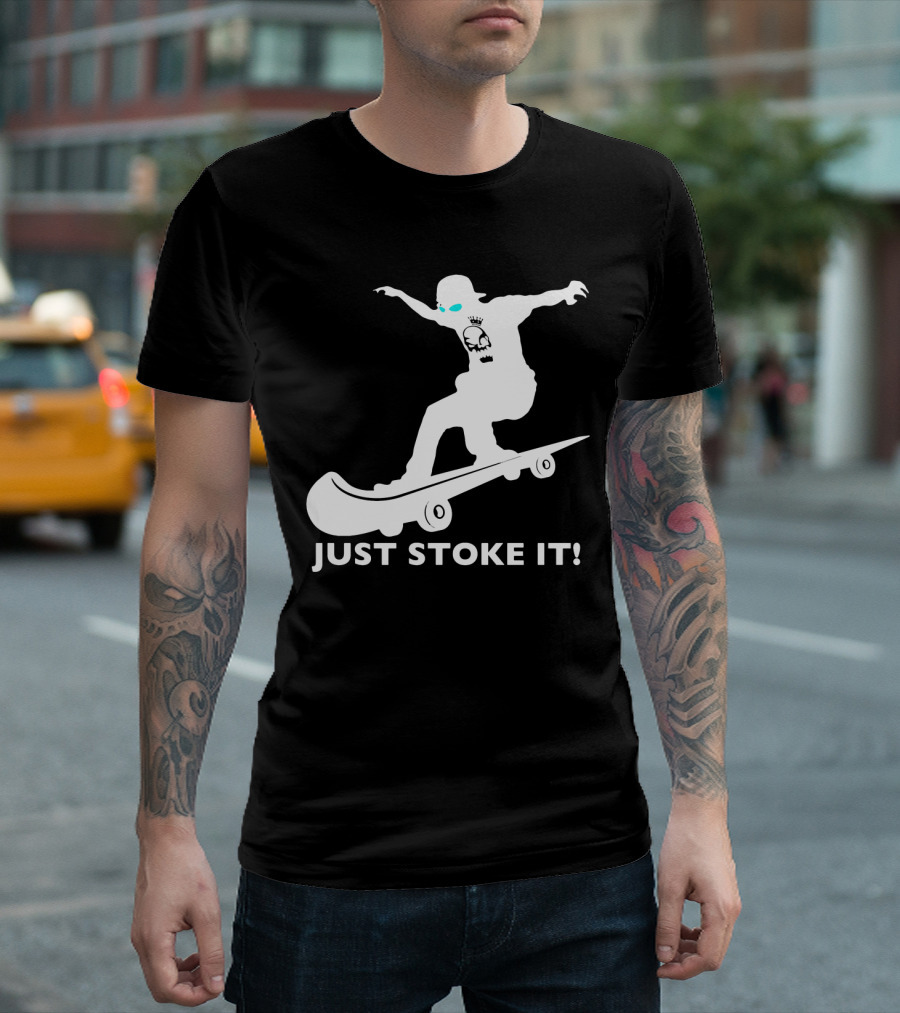 JUST STOKE IT Skateboarding Silhouette Skull T-Shirt