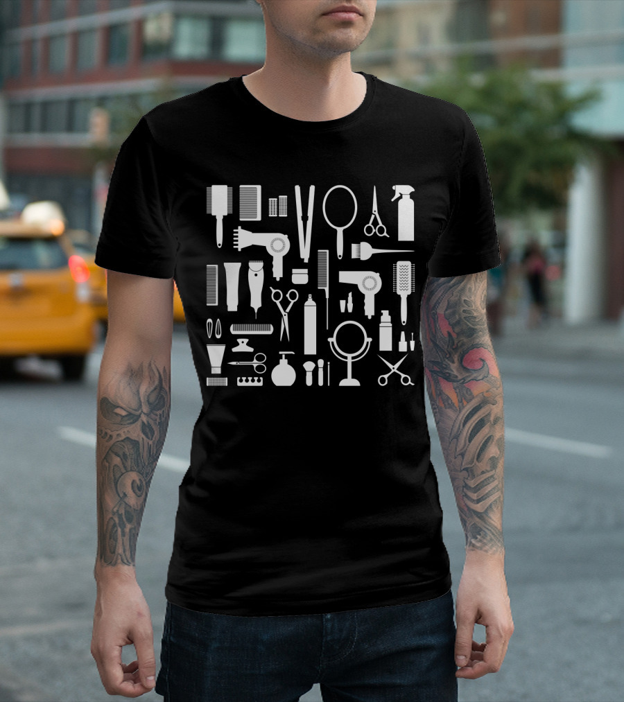 Barber Hairdressing Equipment Scissors Combs Mirrors Sprays Clippers Styling Tools Collection T-Shirt