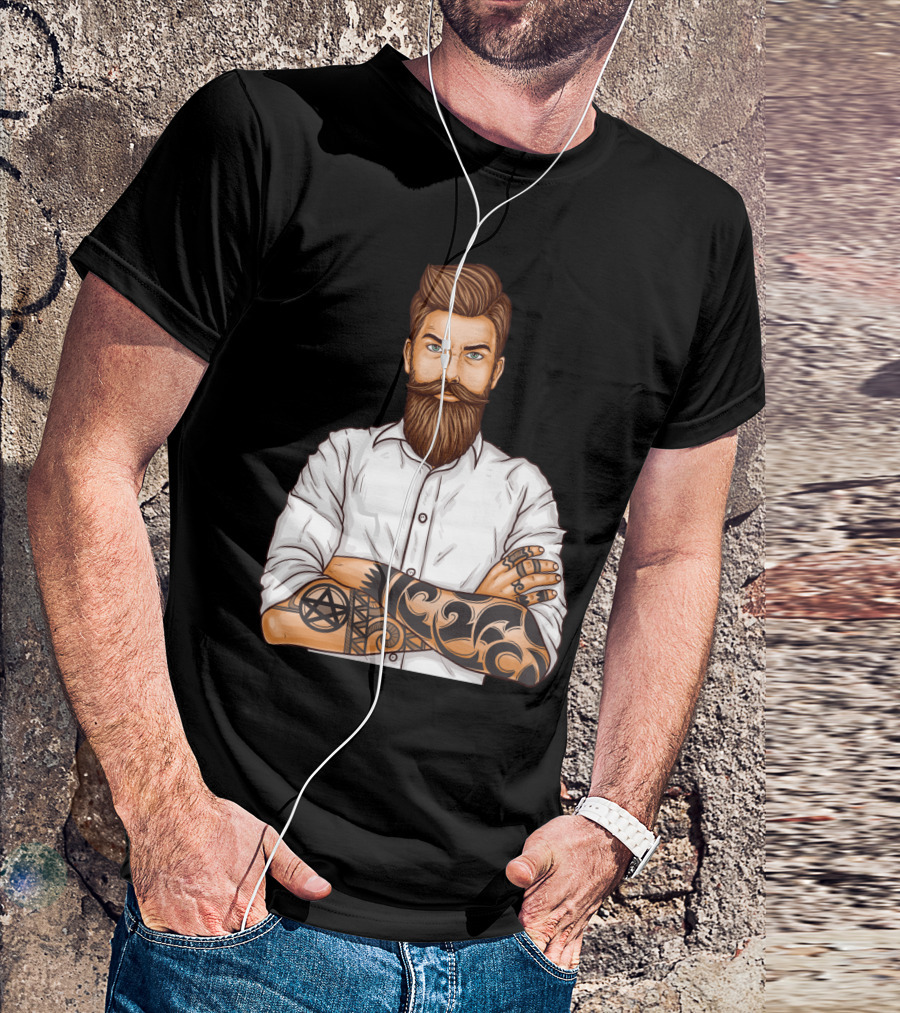 Barber Style Bearded Man With Tattoo T-Shirt
