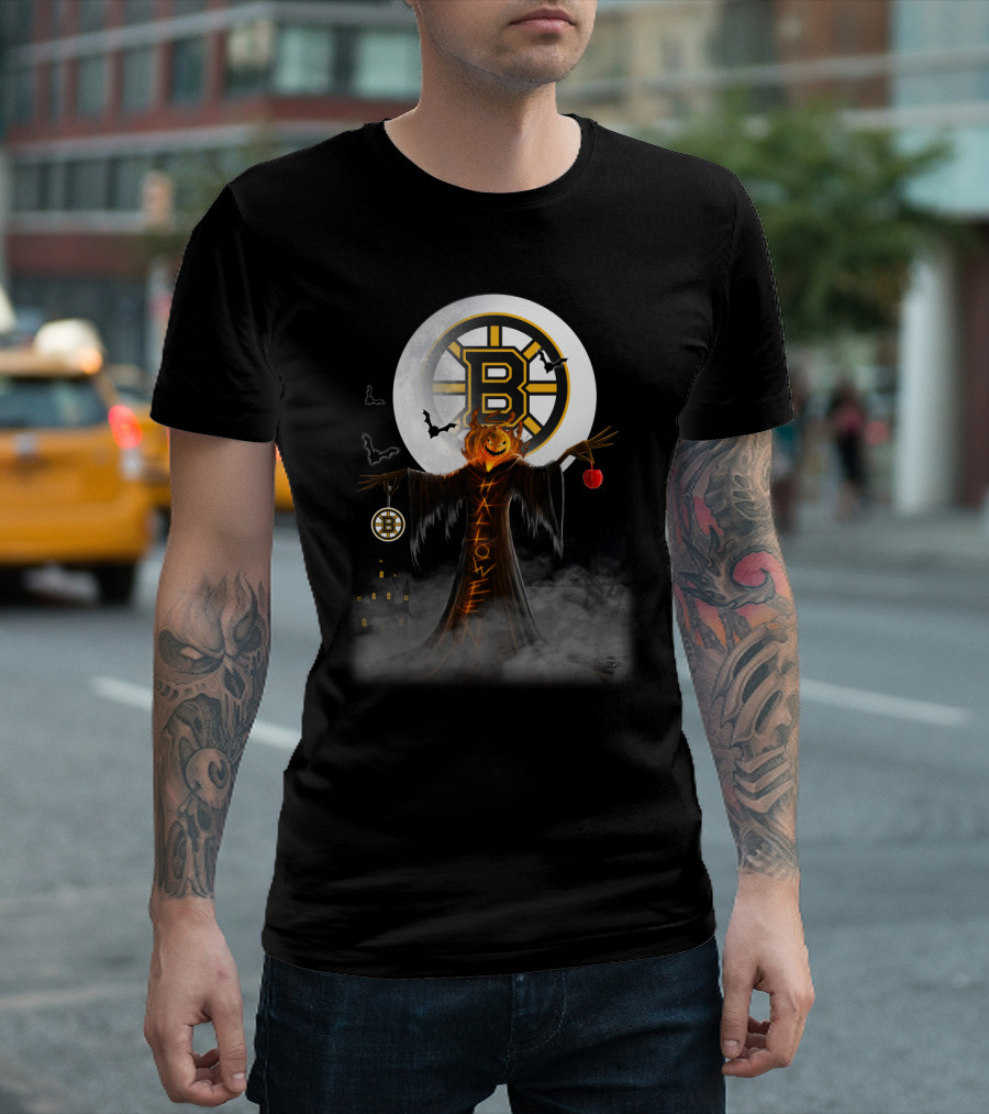 Halloween Boston Bruins Spooky Pumpkin Moon Bats T-Shirt