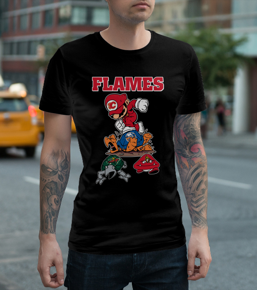 Calgary Flames Mario Parody Hockey Characters Retro Style T-Shirt