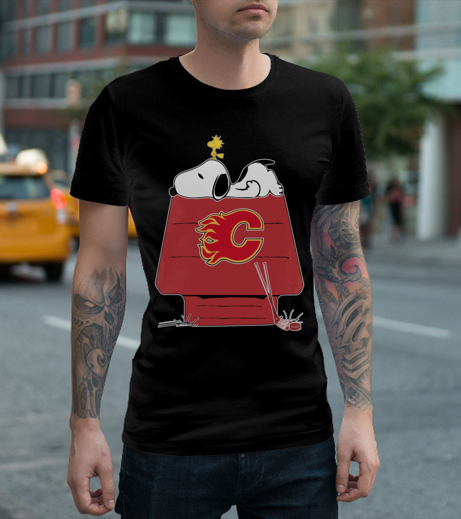 Snoopy And Woodstock On Calgary Flames Logo House T-Shirt