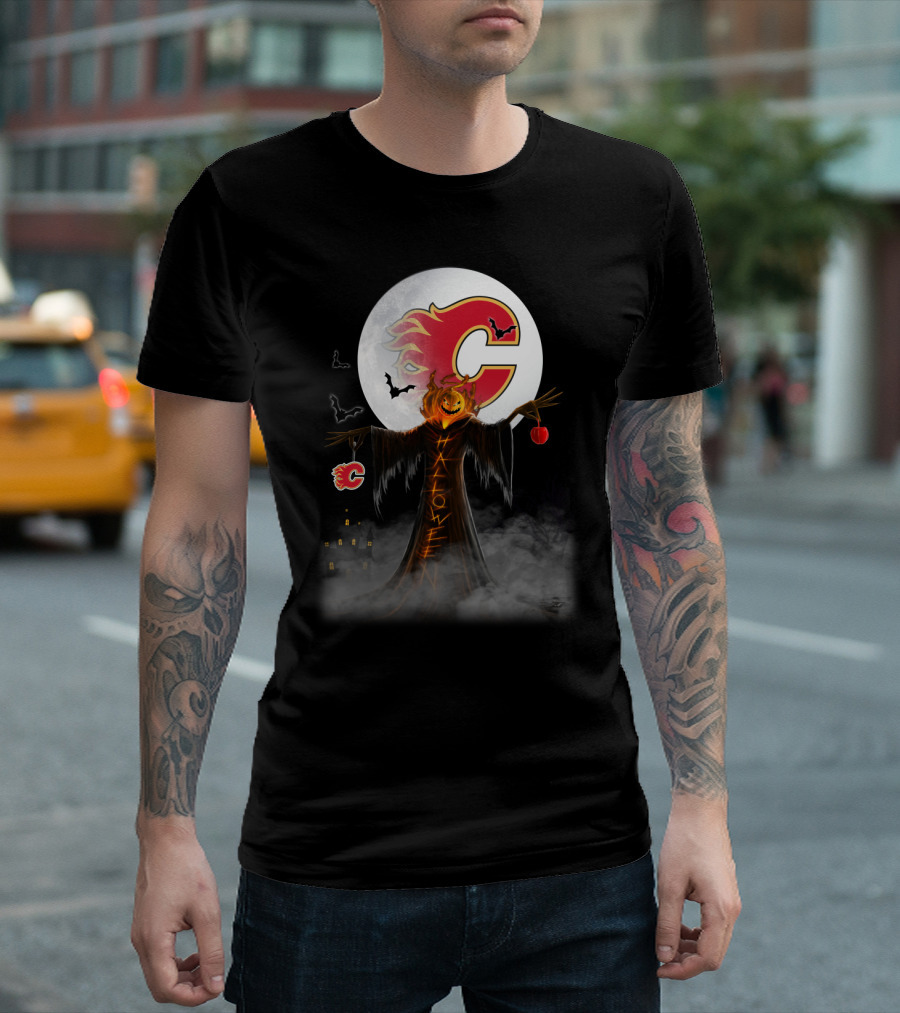 Halloween Calgary Flames Spooky Pumpkin Head With Full Moon And Bats T-Shirt