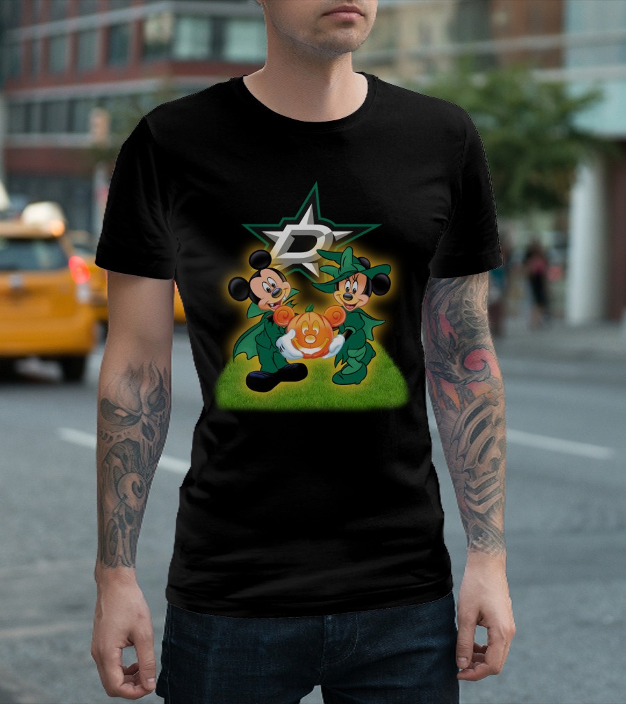 Dallas Stars Halloween Mickey And Minnie With Pumpkin On Grass Background T-Shirt