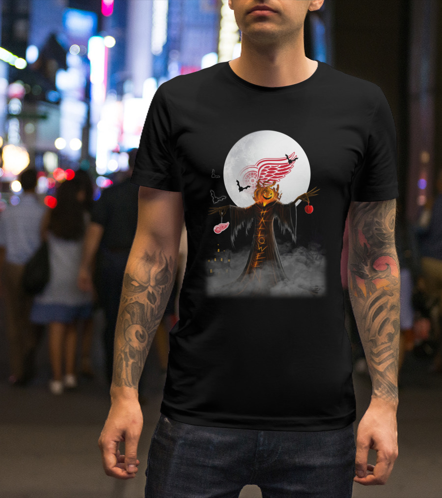 Halloween Detroit Red Wings Pumpkin Moon Bats Castle T-Shirt