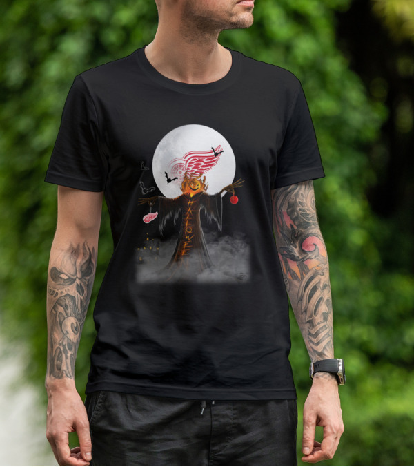 Halloween Detroit Red Wings Pumpkin Moon Bats Castle T-Shirt