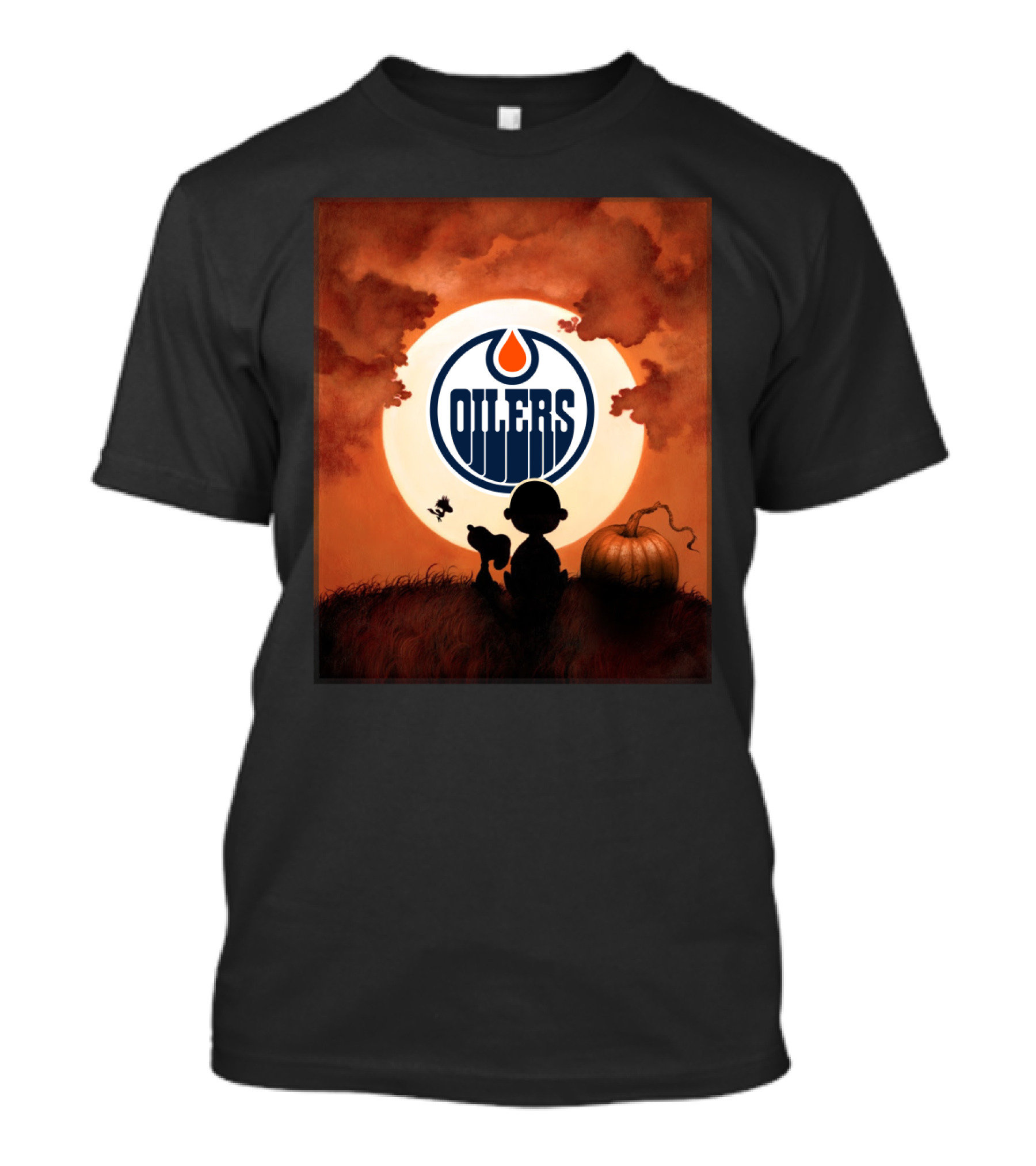 Oilers Halloween Moonlit Silhouette With Pumpkin And Pet T-Shirt