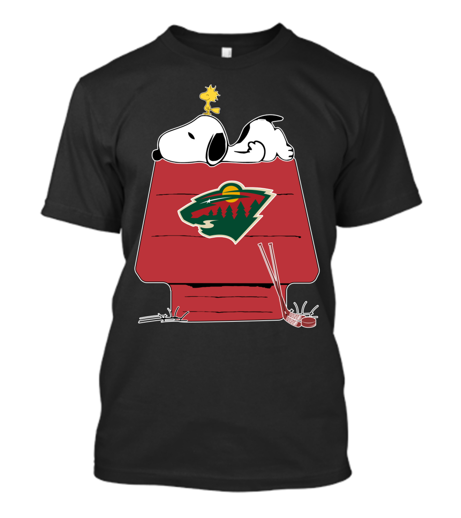 Snoopy On Doghouse With Minnesota Wild Logo And Hockey Gear T-Shirt