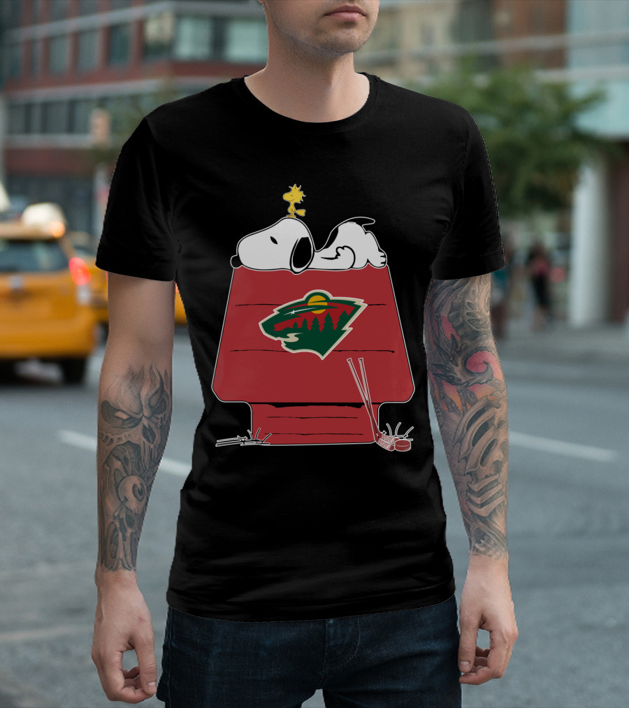 Snoopy On Doghouse With Minnesota Wild Logo And Hockey Gear T-Shirt