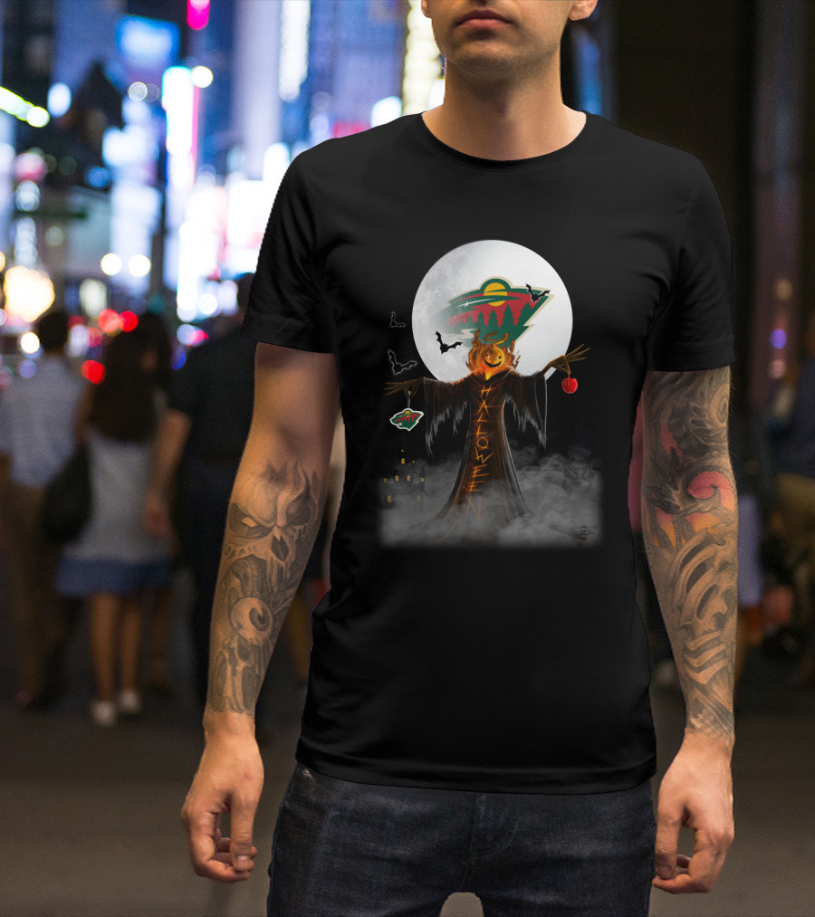 Halloween Pumpkin Scarecrow With Minnesota Wild Logo And Bats In Moonlit Haunted Scene T-Shirt