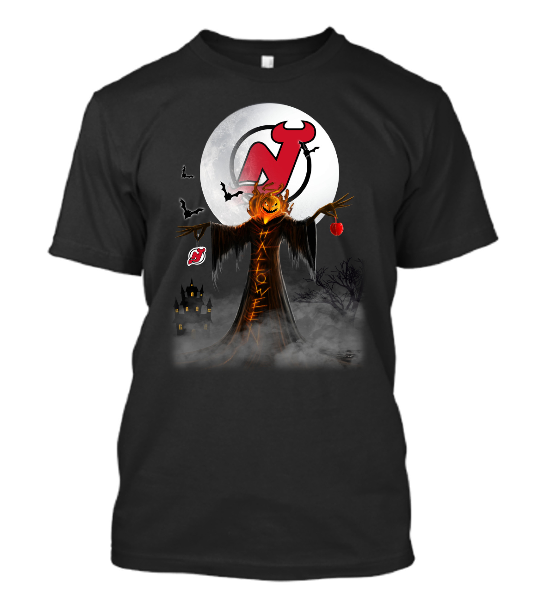 Halloween New Jersey Devils Logo With Pumpkin Head And Bats T-Shirt