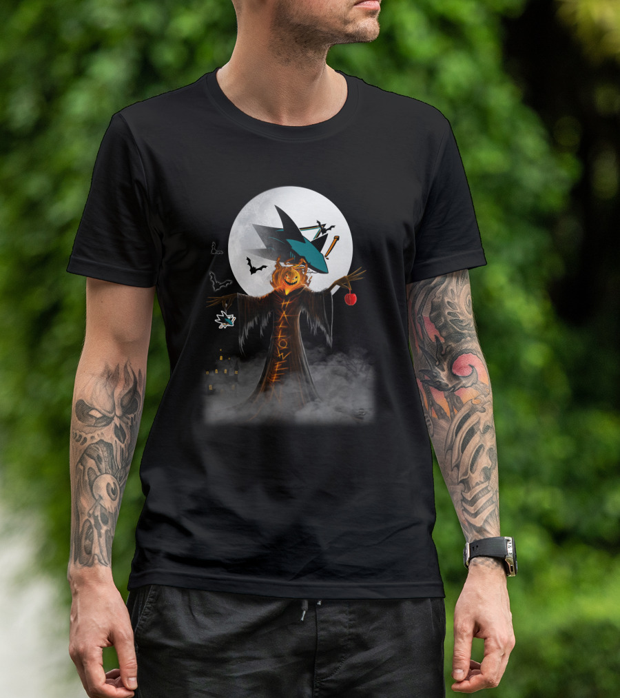 Halloween San Jose Sharks Full Moon Witch Pumpkin Bats T-Shirt