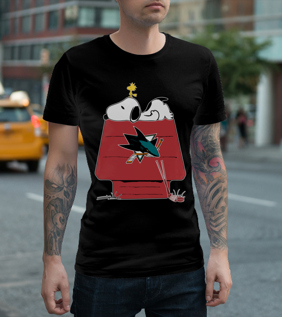 Snoopy and Woodstock on Doghouse with San Jose Sharks Logo and Hockey Sticks T-Shirt