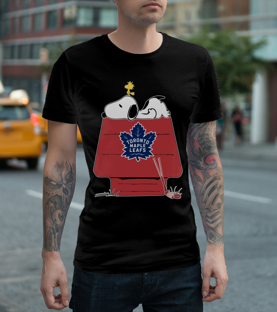 Snoopy and Woodstock with Toronto Maple Leafs Logo on Red House with Hockey Sticks T-Shirt
