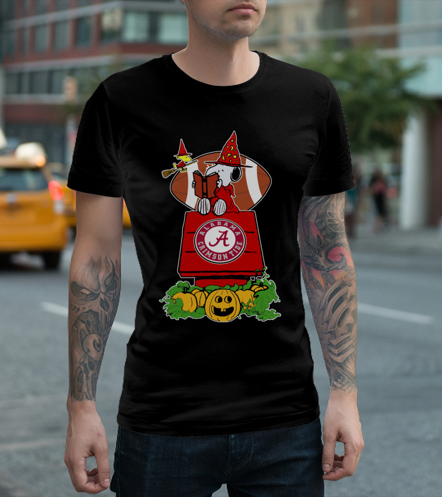 Alabama Crimson Tide Snoopy Halloween Scene With Football And Pumpkins T-Shirt
