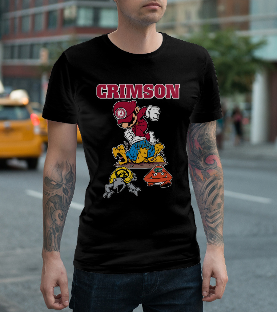 Crimson Alabama Football Parody Of Iconic Gaming Character With Rival Teams T-Shirt