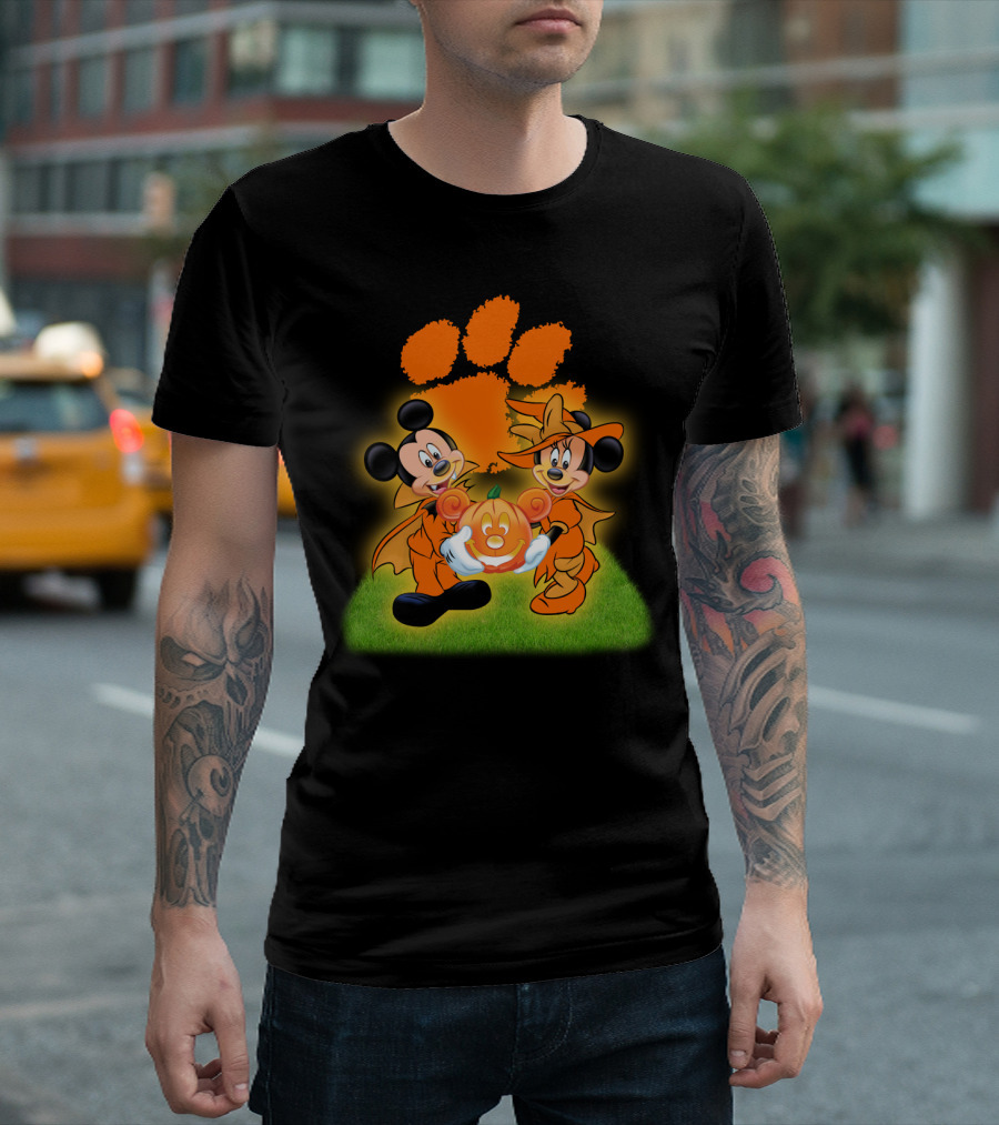 Clemson Halloween Football Mickey Minnie Pumpkin Paws T-Shirt