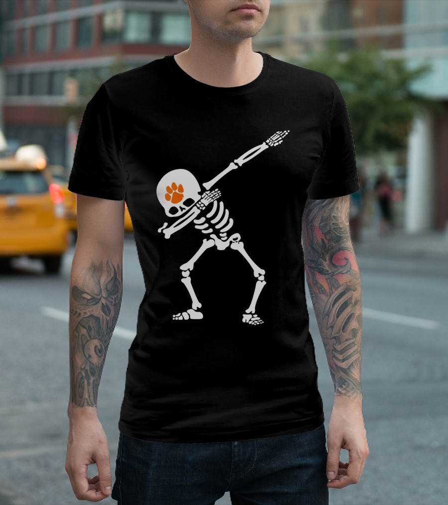 Clemson Tigers Football Skeleton Dabbing with Paw Prints T-Shirt
