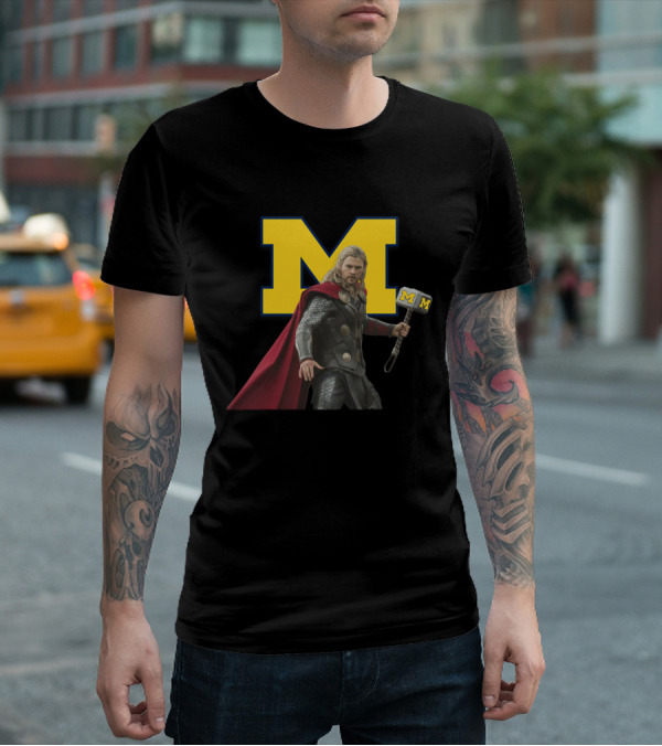 Michigan Wolverines Football M-Logo Thor Hammer Crossover T-Shirt