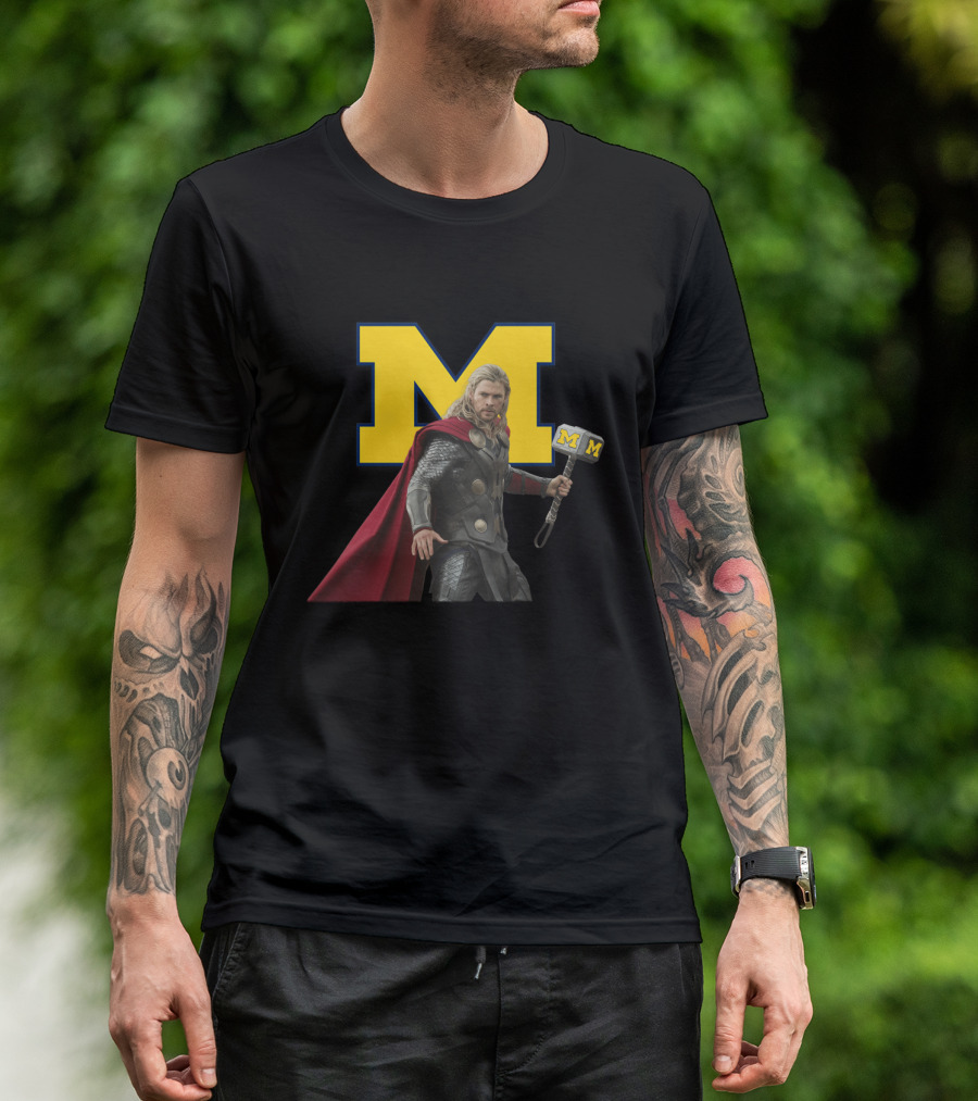 Michigan Wolverines Football M-Logo Thor Hammer Crossover T-Shirt