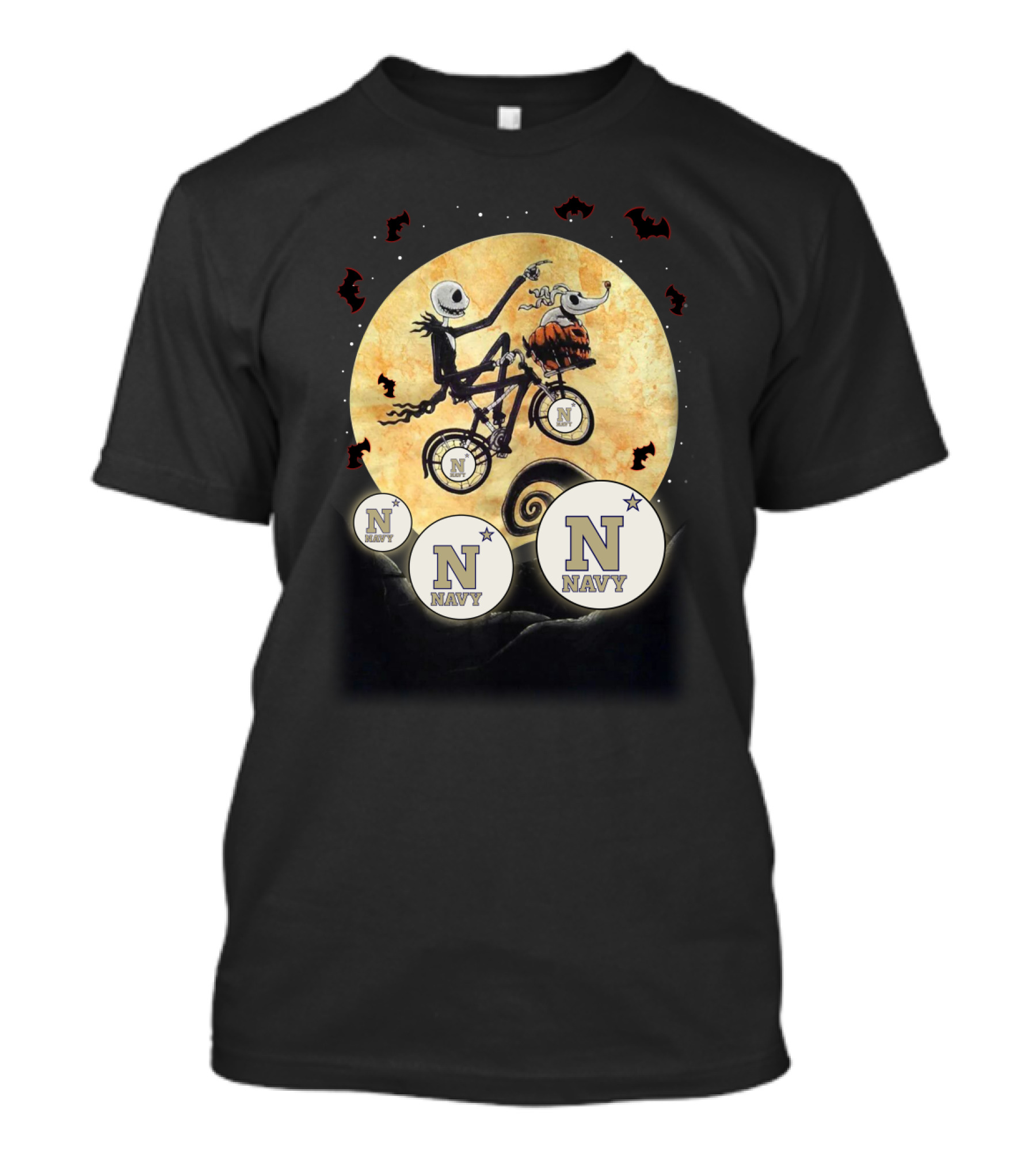 Navy Halloween Football Moon Cycling Scene With Stars And Bats T-Shirt