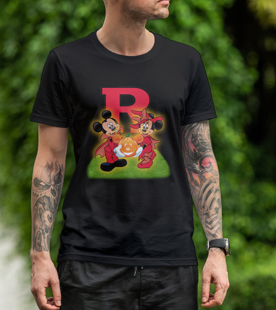 R Rutgers Halloween Mickey Minnie Pumpkin Football T-Shirt