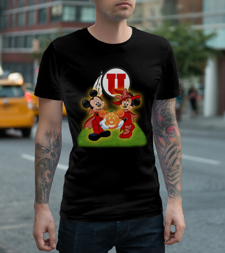 Utah U Halloween Football Pumpkin with Mickey and Minnie Mouse T-Shirt