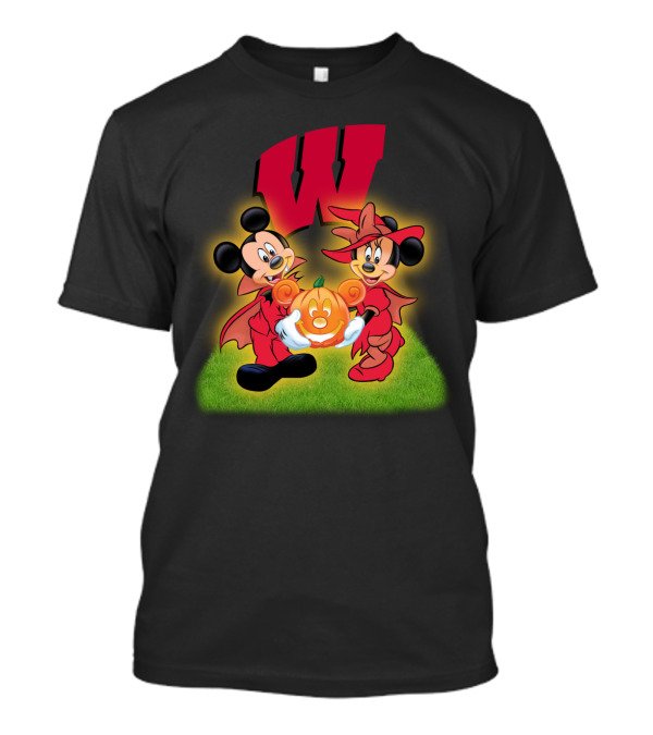 Halloween Wisconsin Badgers Football Mickey Minnie Pumpkin T-Shirt