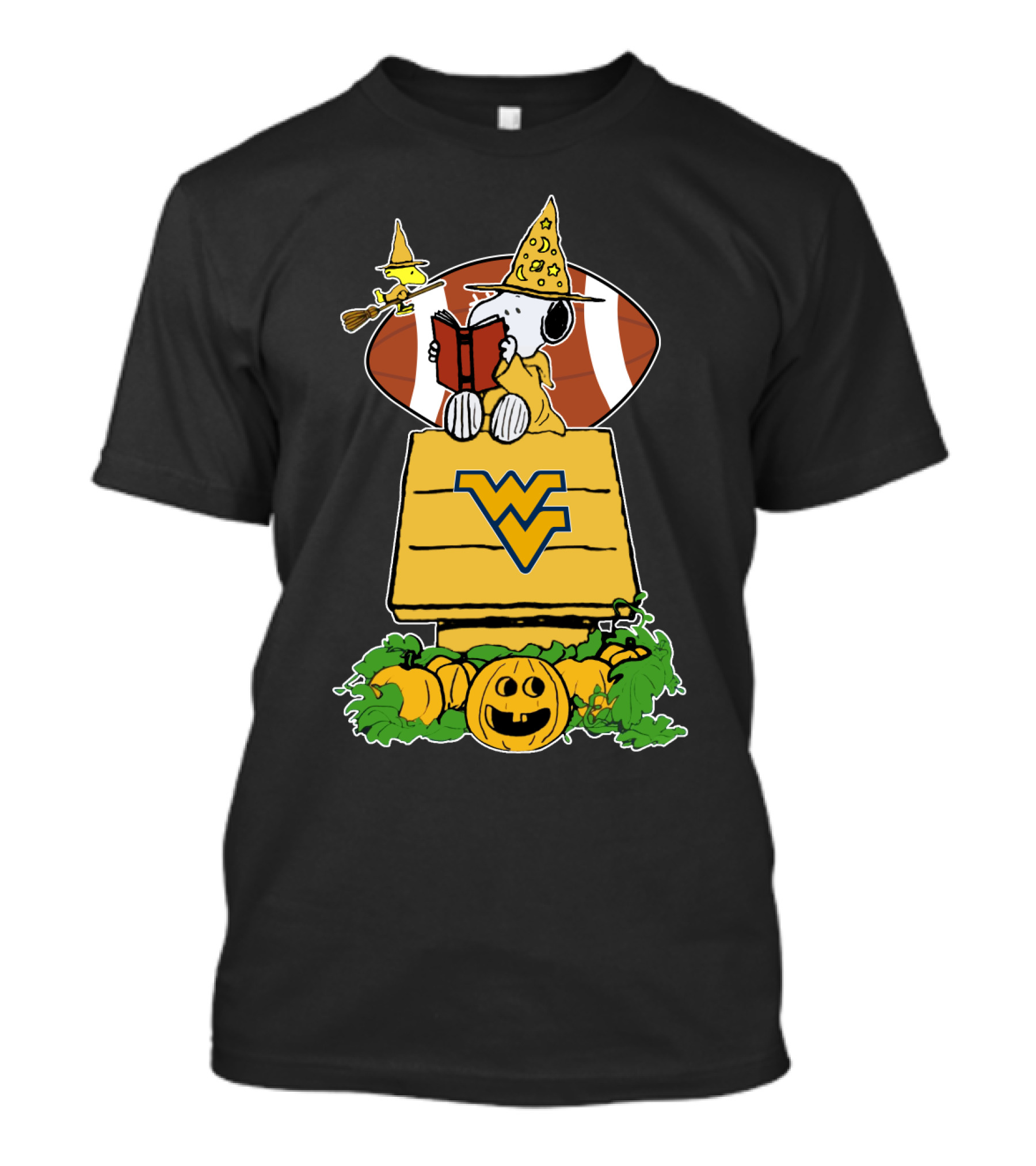 Snoopy Witch Reading On WVU Doghouse With Football And Pumpkins For Halloween T-Shirt