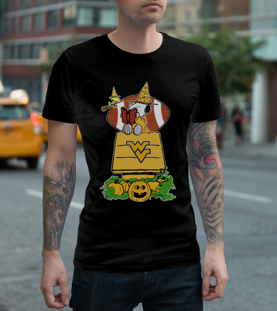 Snoopy Witch Reading on WVU Doghouse with Football and Pumpkins for Halloween T-Shirt