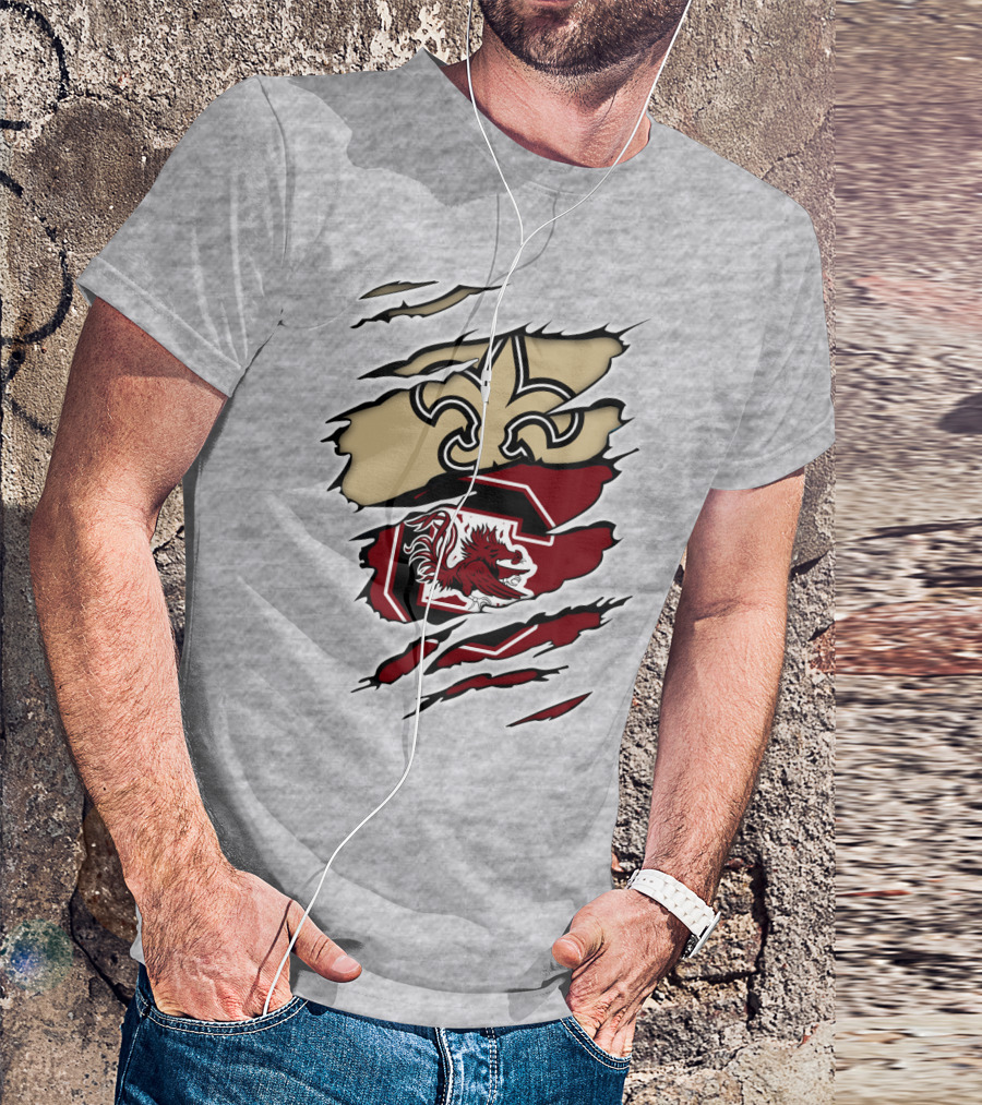 New Orleans Saints And South Carolina Gamecocks Logo Fusion T-Shirt