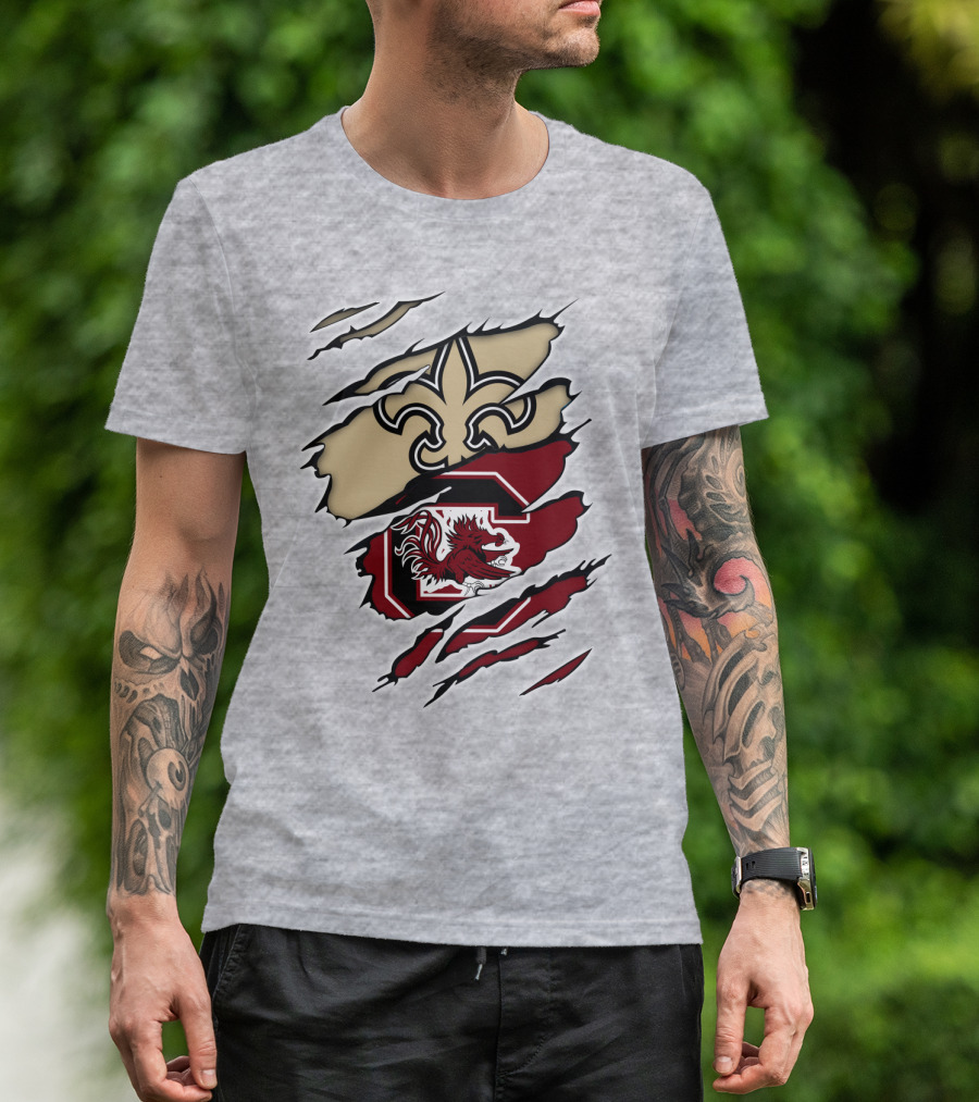 New Orleans Saints And South Carolina Gamecocks Logo Fusion T-Shirt