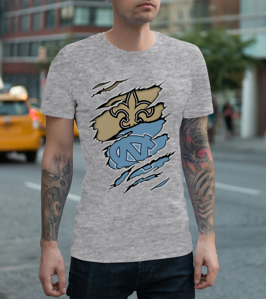 Saints Fleur-de-Lis And UNC Tar Heels NC Logo Fusion T-Shirt