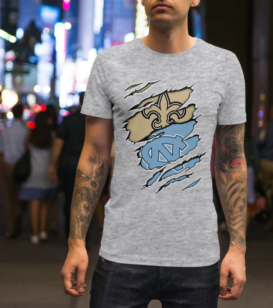 Saints Fleur-de-Lis And UNC Tar Heels NC Logo Fusion T-Shirt