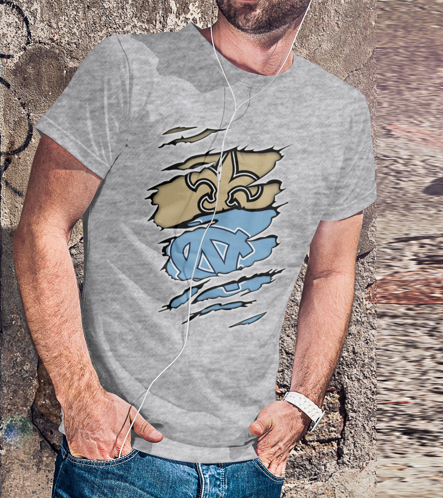 Saints Fleur-de-Lis And UNC Tar Heels NC Logo Fusion T-Shirt