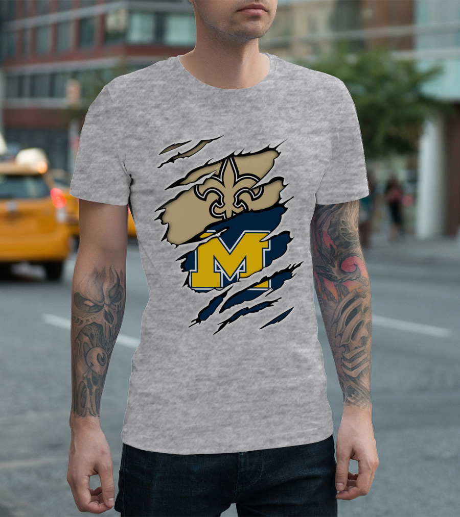 New Orleans Saints Fleur-De-Lis And Michigan Wolverines M Logo Ripped T-Shirt