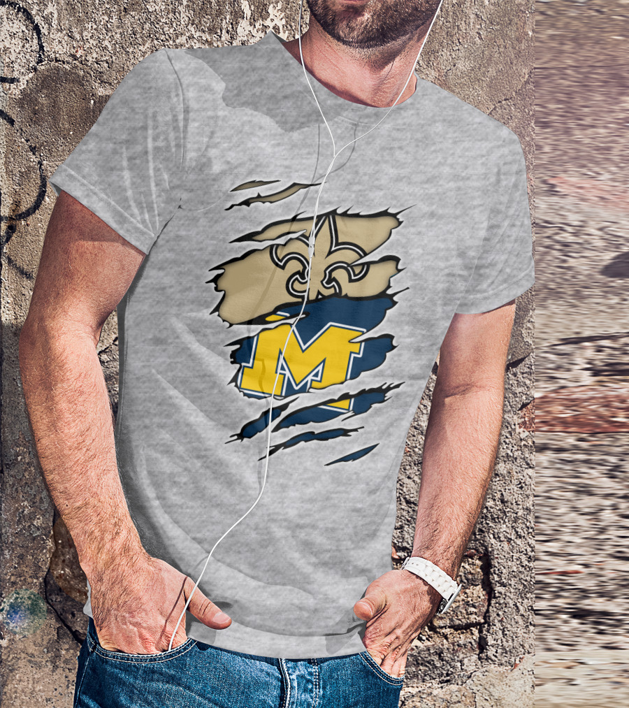 New Orleans Saints Fleur-De-Lis And Michigan Wolverines M Logo Ripped T-Shirt