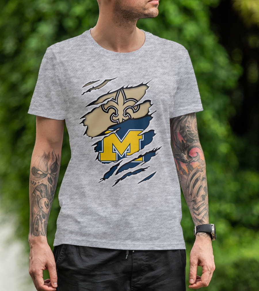 New Orleans Saints Fleur-De-Lis And Michigan Wolverines M Logo Ripped T-Shirt