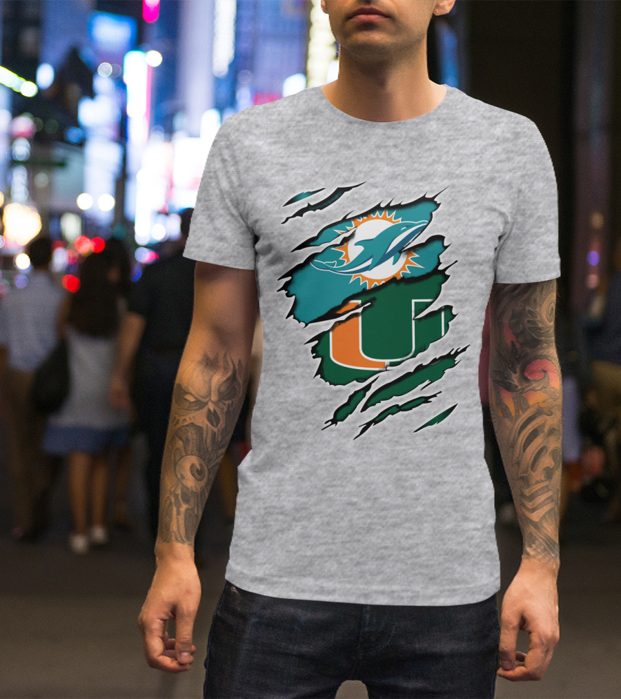 Miami Dolphins University Of Miami Hurricanes Logo Fusion T-Shirt