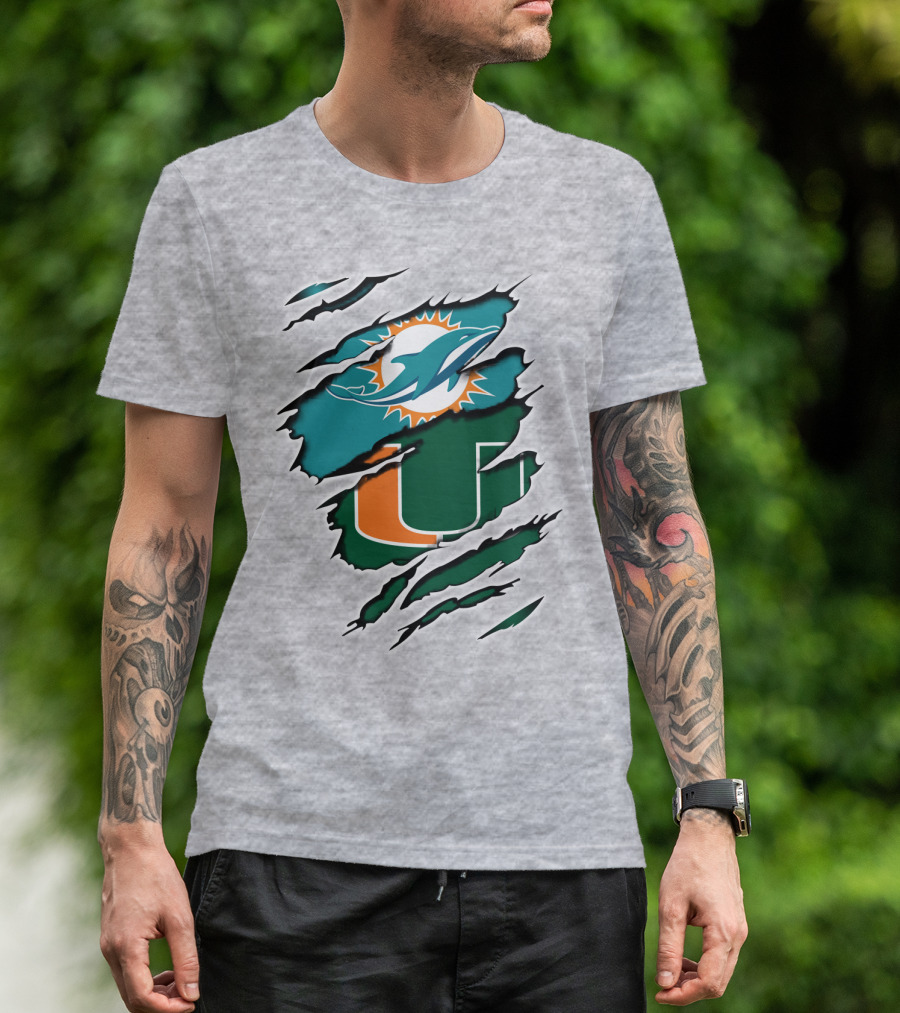 Miami Dolphins University Of Miami Hurricanes Logo Fusion T-Shirt