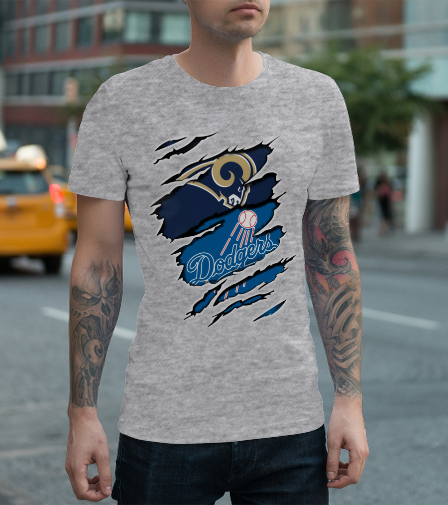 Rams Dodgers Scratch Tear Logo Crossover Fusion T-Shirt