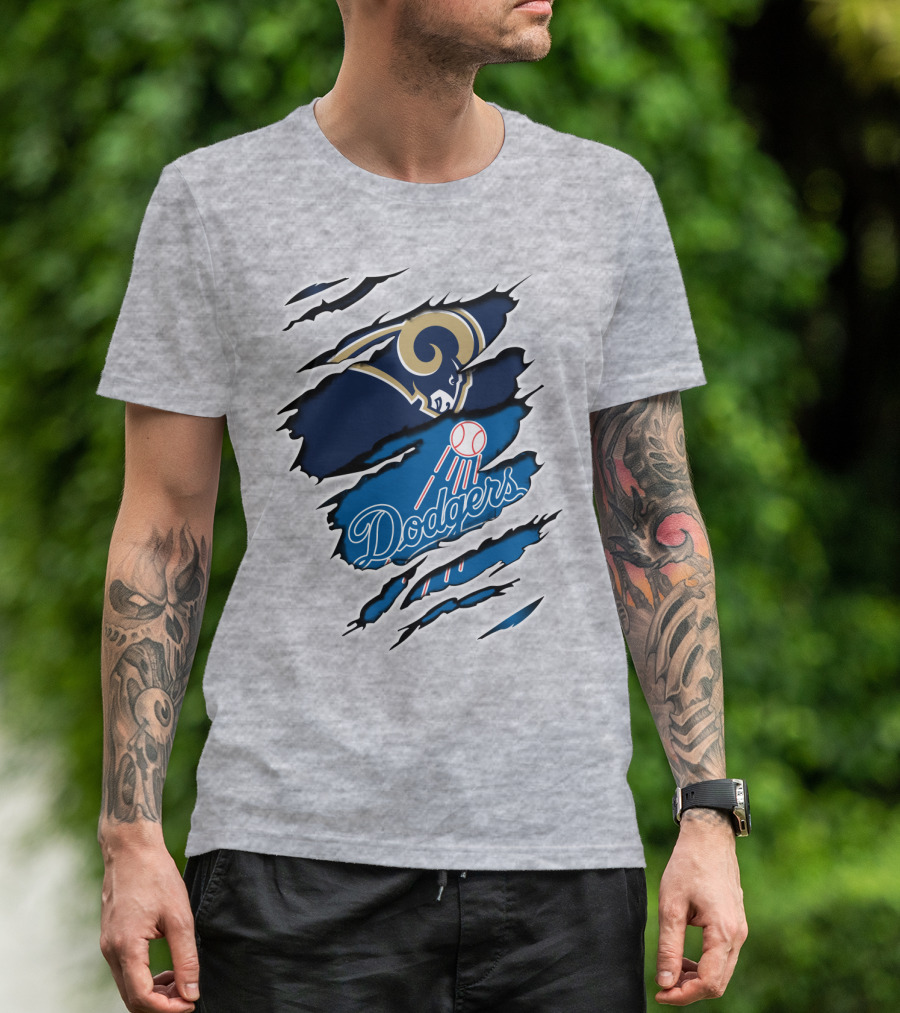 Rams Dodgers Scratch Tear Logo Crossover Fusion T-Shirt
