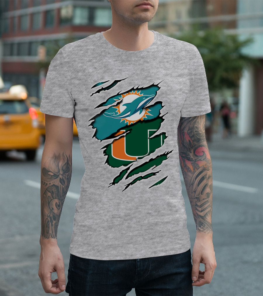 Miami Dolphins Miami Hurricanes Fan Torn U Logo Dolphin T-Shirt