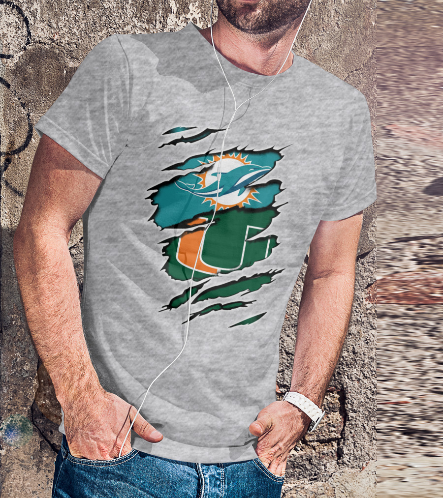 Miami Dolphins Miami Hurricanes Fan Torn U Logo Dolphin T-Shirt