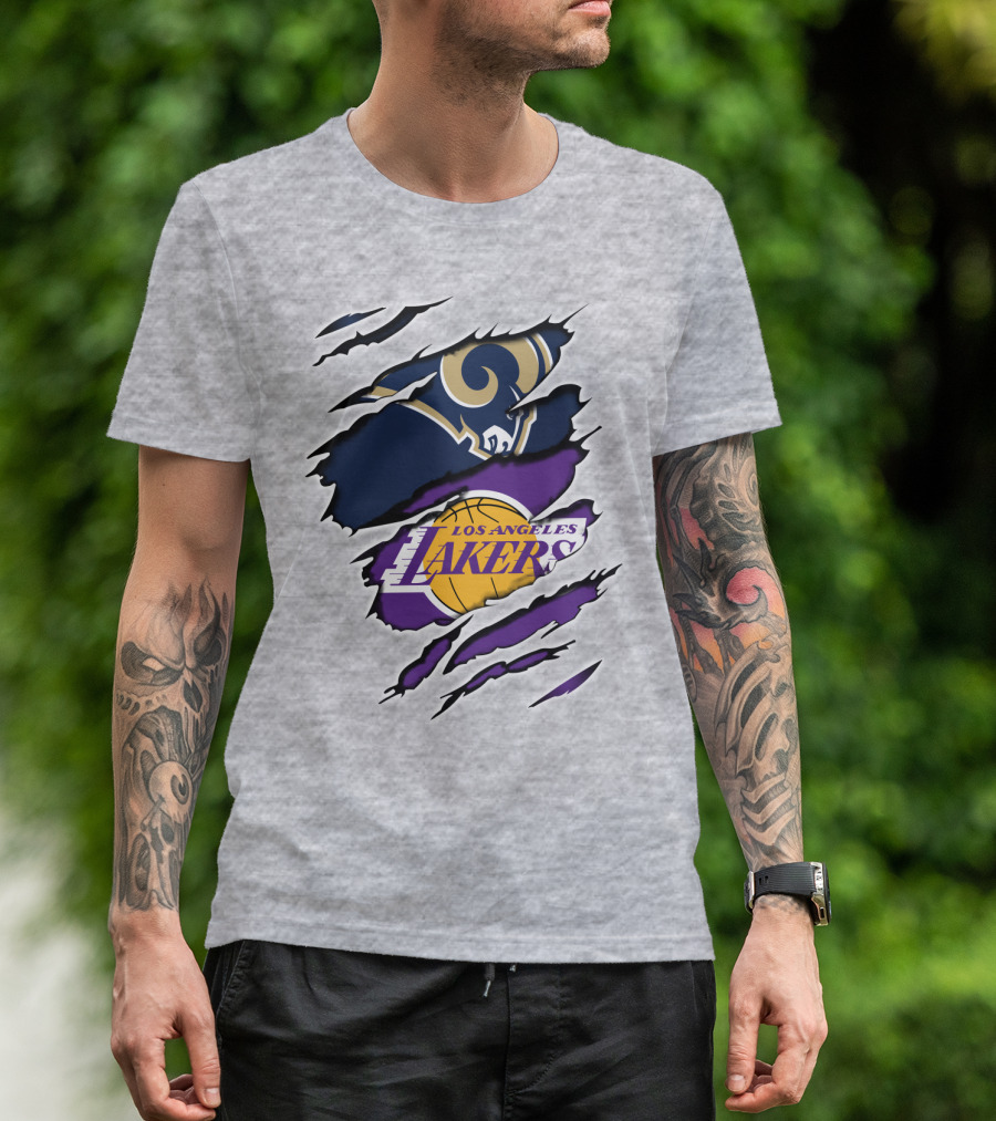 Los Angeles Rams Lakers Logos Scratch Sports Collaboration T-Shirt
