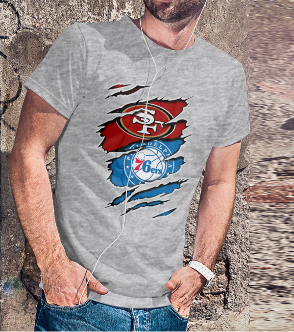 49ERS SF 76ERS PHILADELPHIA LOGOS IN SCRATCHED T-Shirt