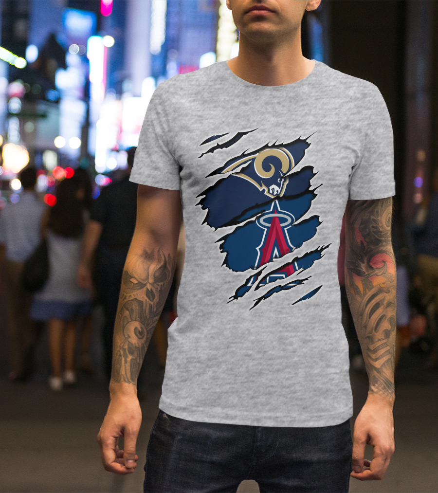 Rams Angels Rams Angles Logo Mashup On Ripped Blue Background T-Shirt