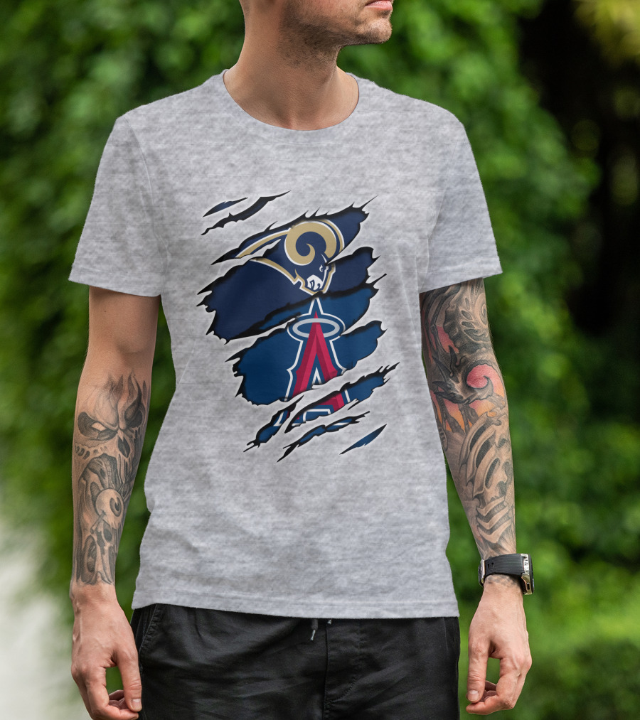 Rams Angels Rams Angles Logo Mashup On Ripped Blue Background T-Shirt