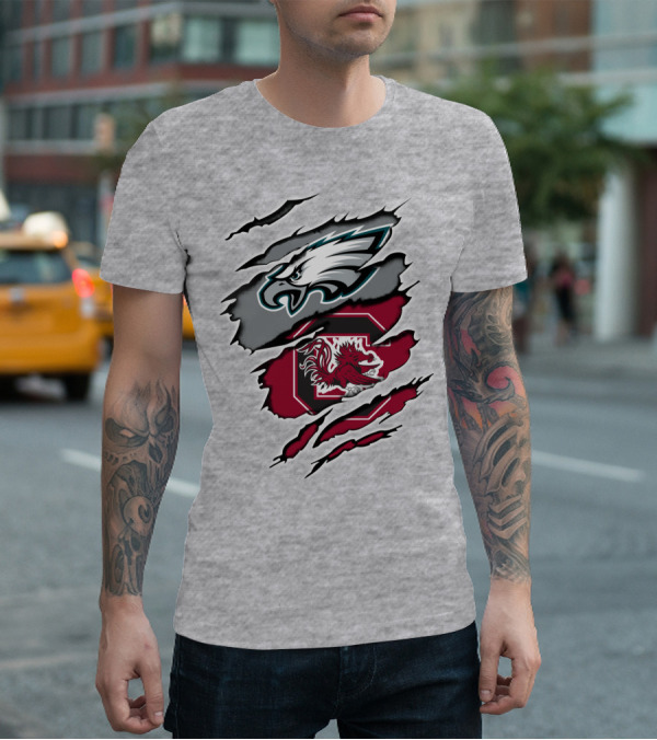Eagles Gamecocks Logo Clash On Ripped Grey Background T-Shirt